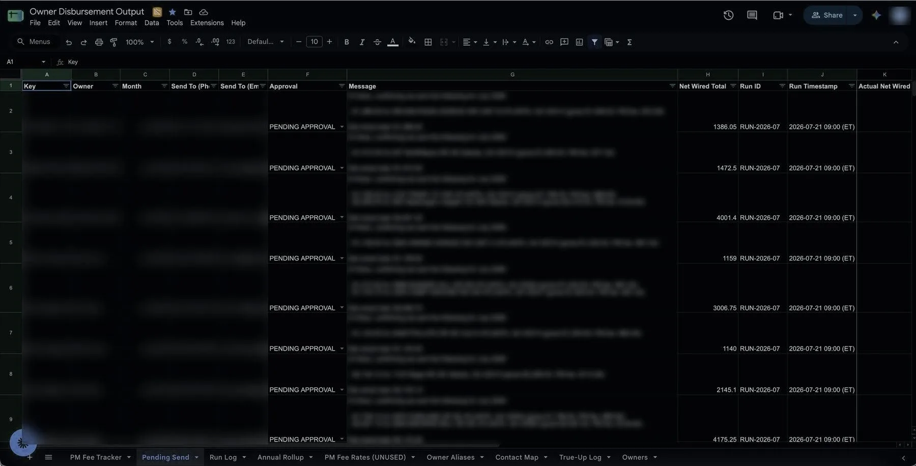 Owner disbursement run, pending approval